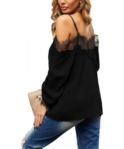 Longsleeve Lace Tank Top for Women Casual Cold Shoulder Blouse V Neck Shirts Tops Black $14.78 Tops