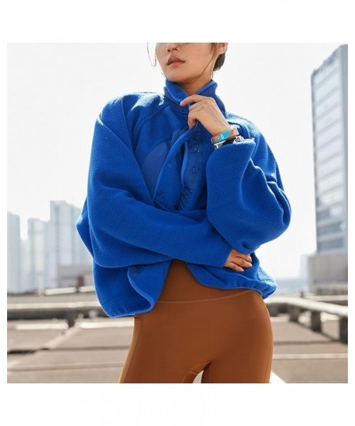 Women’s Fuzzy Sherpa Fleece Jacket Short Stand Collar Buttoned Outerwear with Pockets Blue $30.34 Jackets