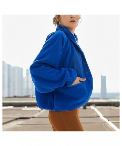 Women’s Fuzzy Sherpa Fleece Jacket Short Stand Collar Buttoned Outerwear with Pockets Blue $30.34 Jackets