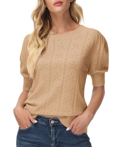 Womens Lightweight Thin Summer Pullover Sweater Cute Puff Short Sleeve Tops Pullover Shirt Knit Blouse Khaki $21.59 Sweaters