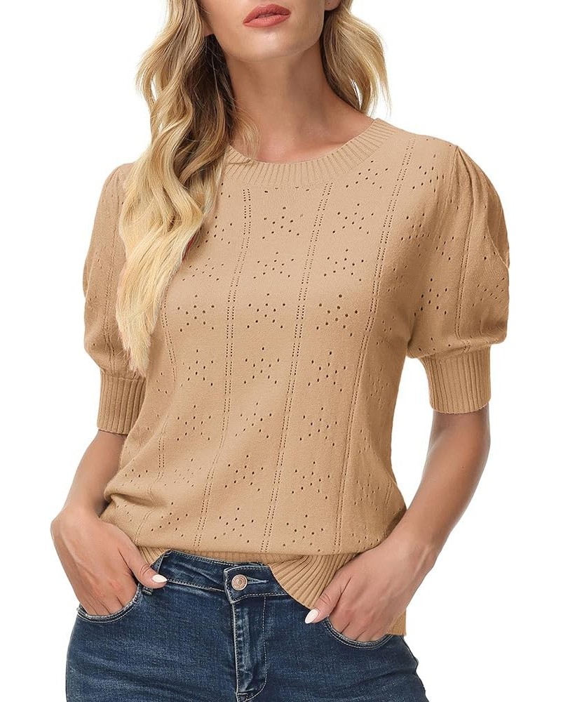 Womens Lightweight Thin Summer Pullover Sweater Cute Puff Short Sleeve Tops Pullover Shirt Knit Blouse Khaki $21.59 Sweaters