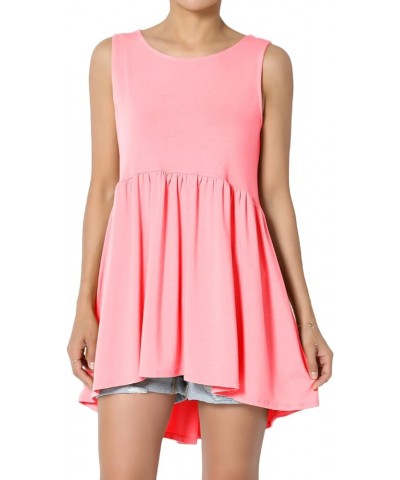 S~3X Sleeveless Shirring Peplum Babydoll Tunic Hi Low Long Tank Top Bright Pink $10.58 Tops