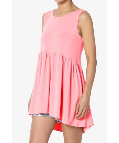 S~3X Sleeveless Shirring Peplum Babydoll Tunic Hi Low Long Tank Top Bright Pink $10.58 Tops