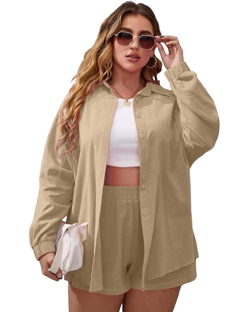 Women's Plus Size Casual 2 Piece Outfits Long Sleeve Button Down Blouse and Shorts Set Khaki $18.40 Blouses