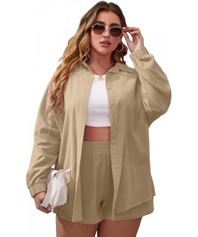 Women's Plus Size Casual 2 Piece Outfits Long Sleeve Button Down Blouse and Shorts Set Khaki $18.40 Blouses