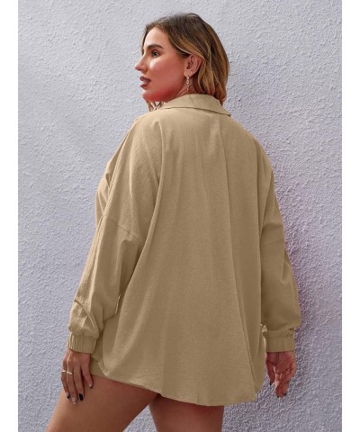 Women's Plus Size Casual 2 Piece Outfits Long Sleeve Button Down Blouse and Shorts Set Khaki $18.40 Blouses