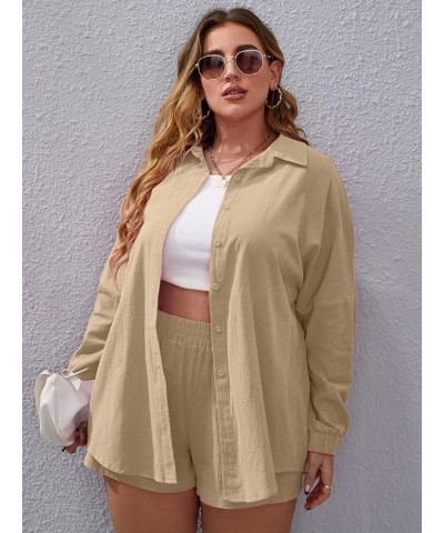 Women's Plus Size Casual 2 Piece Outfits Long Sleeve Button Down Blouse and Shorts Set Khaki $18.40 Blouses