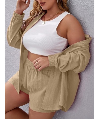 Women's Plus Size Casual 2 Piece Outfits Long Sleeve Button Down Blouse and Shorts Set Khaki $18.40 Blouses