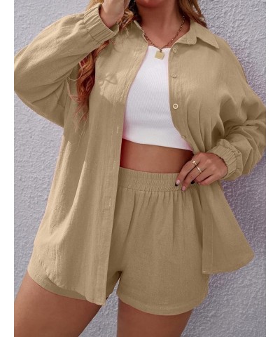 Women's Plus Size Casual 2 Piece Outfits Long Sleeve Button Down Blouse and Shorts Set Khaki $18.40 Blouses