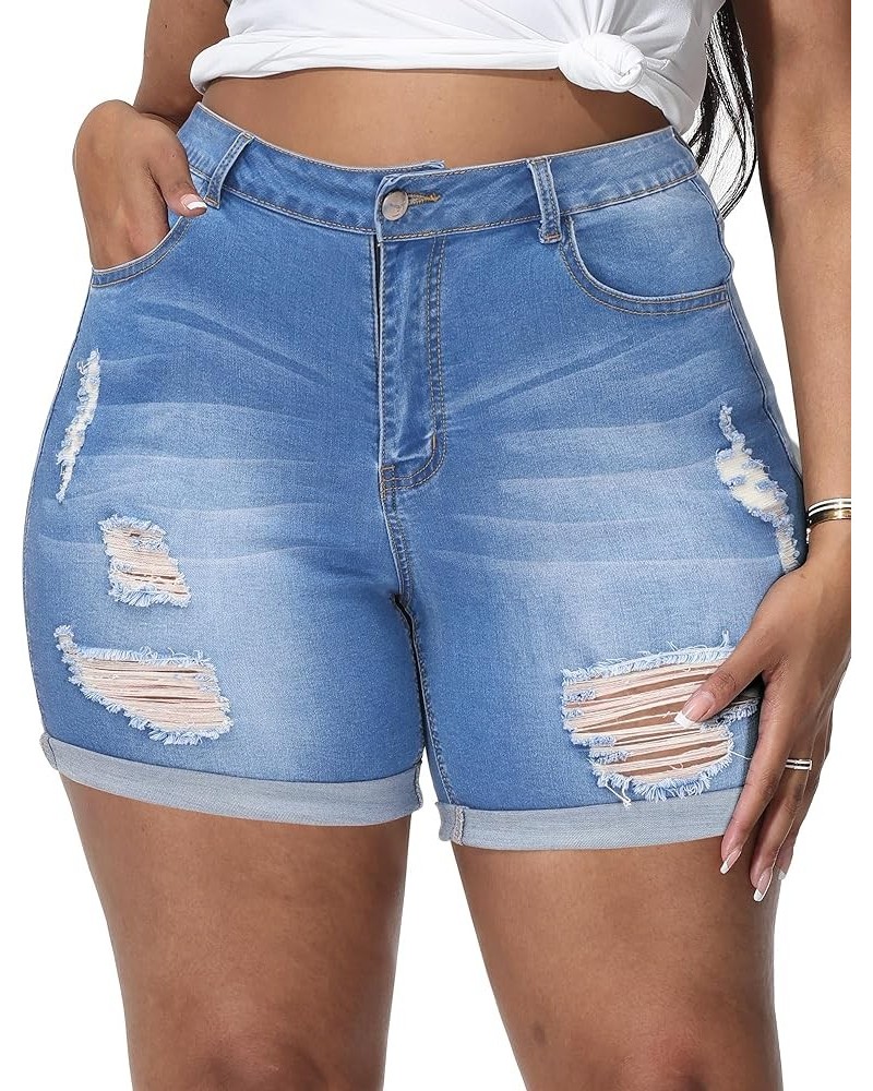 Womens Plus Size Jean Shorts High Waisted Stretchy Ripped Denim Shorts Casual Folded Hem Short Jeans Royal Blue-745 $14.70 Sh...