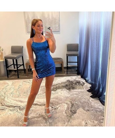 Spaghetti Straps Sequins Homecoming Dresses Tight Sparkly Prom Dress Short Backless Bodycon Cocktail Mini Dress Navy $20.91 D...