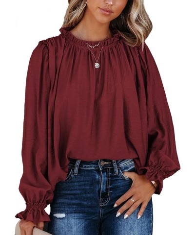 Women's Flounce Long Sleeve Frill Crew Neck Pleated Blouse Office Shirt Top Wine Red $15.36 Blouses