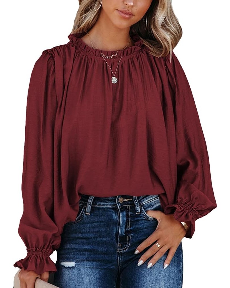 Women's Flounce Long Sleeve Frill Crew Neck Pleated Blouse Office Shirt Top Wine Red $15.36 Blouses