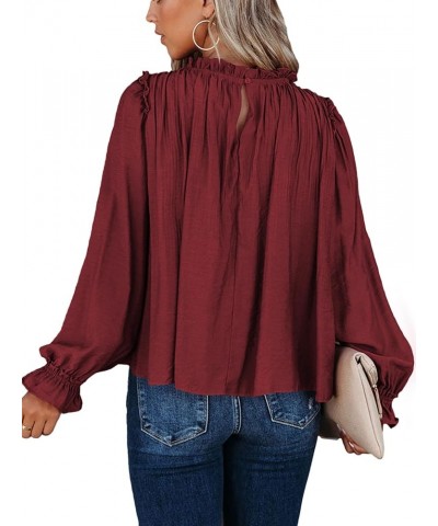 Women's Flounce Long Sleeve Frill Crew Neck Pleated Blouse Office Shirt Top Wine Red $15.36 Blouses