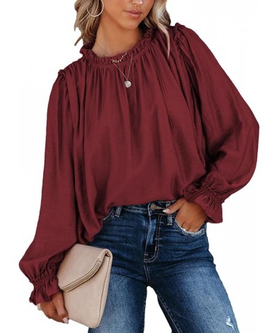 Women's Flounce Long Sleeve Frill Crew Neck Pleated Blouse Office Shirt Top Wine Red $15.36 Blouses