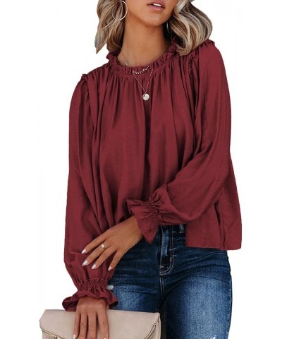 Women's Flounce Long Sleeve Frill Crew Neck Pleated Blouse Office Shirt Top Wine Red $15.36 Blouses