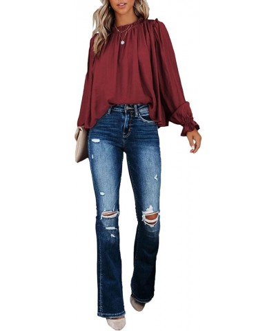 Women's Flounce Long Sleeve Frill Crew Neck Pleated Blouse Office Shirt Top Wine Red $15.36 Blouses