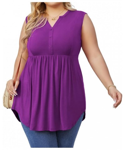 Women's Plus Size Henley Shirts V Neck Tank Tops Casual Sleeveless Swing Flowy Blouse Purple $9.17 Tanks