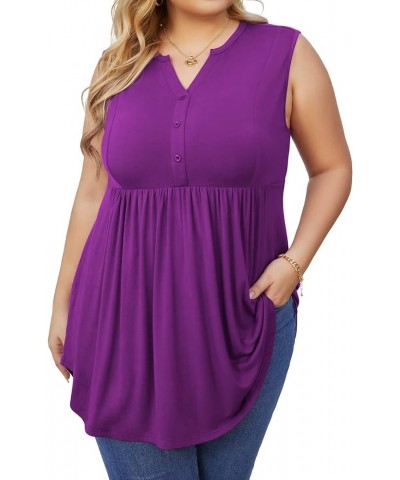 Women's Plus Size Henley Shirts V Neck Tank Tops Casual Sleeveless Swing Flowy Blouse Purple $9.17 Tanks