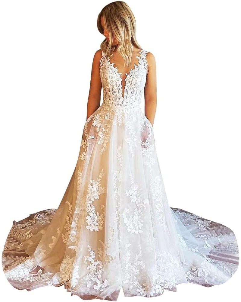 Women Wedding Dresses A-line V-Neck Tulle Lace Backless Boho Wedding Gown Bridal Dresses Style 8-ivory $42.81 Dresses