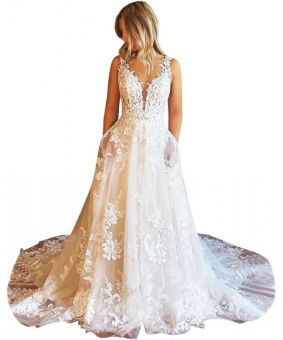 Women Wedding Dresses A-line V-Neck Tulle Lace Backless Boho Wedding Gown Bridal Dresses Style 8-ivory $42.81 Dresses