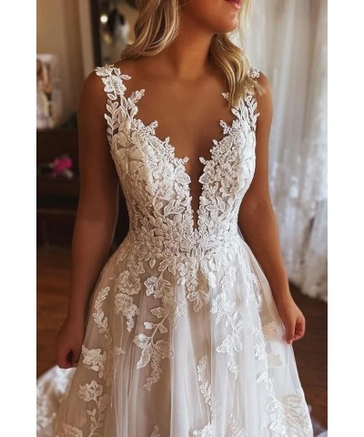 Women Wedding Dresses A-line V-Neck Tulle Lace Backless Boho Wedding Gown Bridal Dresses Style 8-ivory $42.81 Dresses