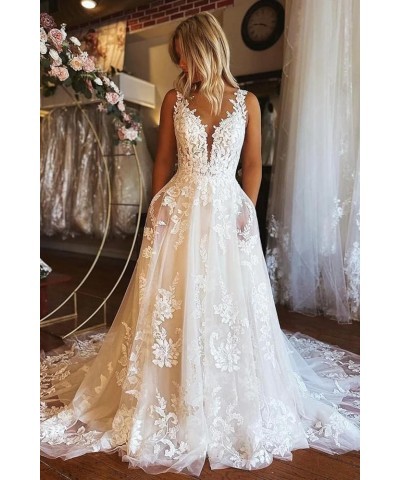 Women Wedding Dresses A-line V-Neck Tulle Lace Backless Boho Wedding Gown Bridal Dresses Style 8-ivory $42.81 Dresses