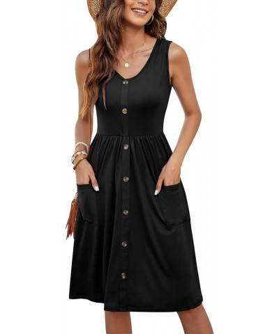 Women Summer Dresses Sleeveless Casual Loose Swing Button Down Midi Dress with Pockets 01-black $14.80 Dresses