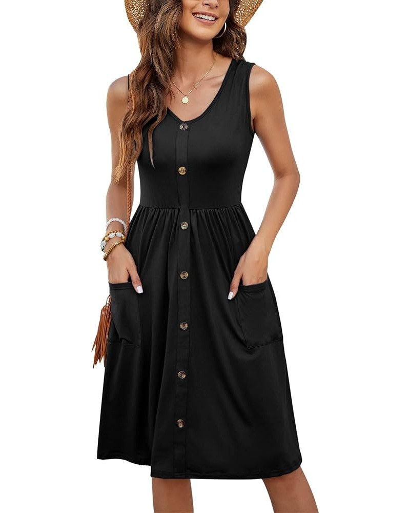 Women Summer Dresses Sleeveless Casual Loose Swing Button Down Midi Dress with Pockets 01-black $14.80 Dresses