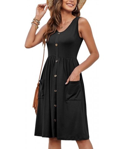 Women Summer Dresses Sleeveless Casual Loose Swing Button Down Midi Dress with Pockets 01-black $14.80 Dresses