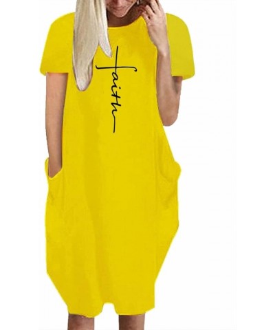 Faith Printed Oversize Short Sleeve Causal T-Shirt Dresses with Pockets for Women Yellow-11 $10.15 Dresses