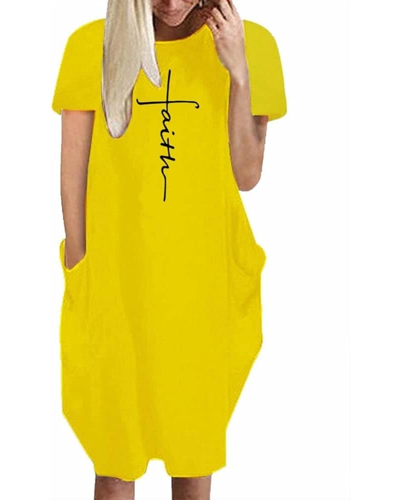 Faith Printed Oversize Short Sleeve Causal T-Shirt Dresses with Pockets for Women Yellow-11 $10.15 Dresses