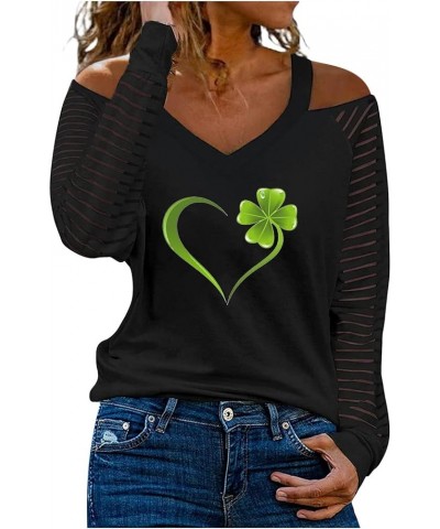 St Patricks Day Shirt for Women Long Sleeve Cold Shoulder V Neck Green Irish Shamrock T-Shirt Cute Heart Graphic Tees 2024 11...