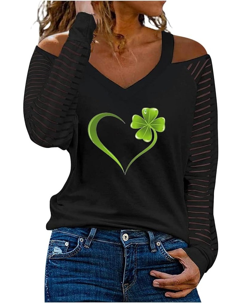 St Patricks Day Shirt for Women Long Sleeve Cold Shoulder V Neck Green Irish Shamrock T-Shirt Cute Heart Graphic Tees 2024 11...