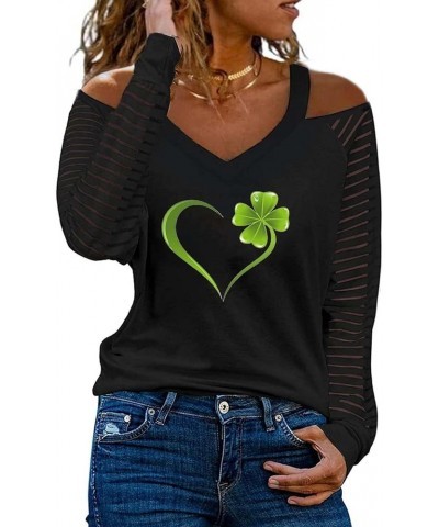 St Patricks Day Shirt for Women Long Sleeve Cold Shoulder V Neck Green Irish Shamrock T-Shirt Cute Heart Graphic Tees 2024 11...