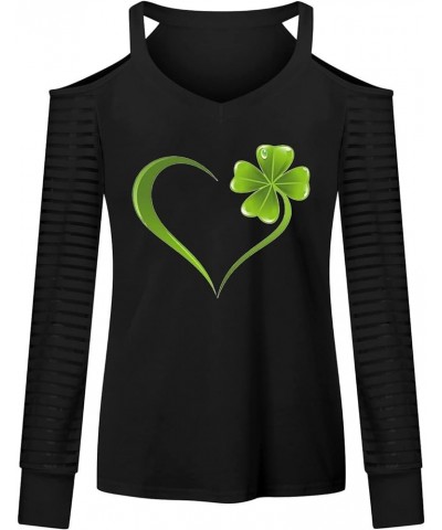 St Patricks Day Shirt for Women Long Sleeve Cold Shoulder V Neck Green Irish Shamrock T-Shirt Cute Heart Graphic Tees 2024 11...