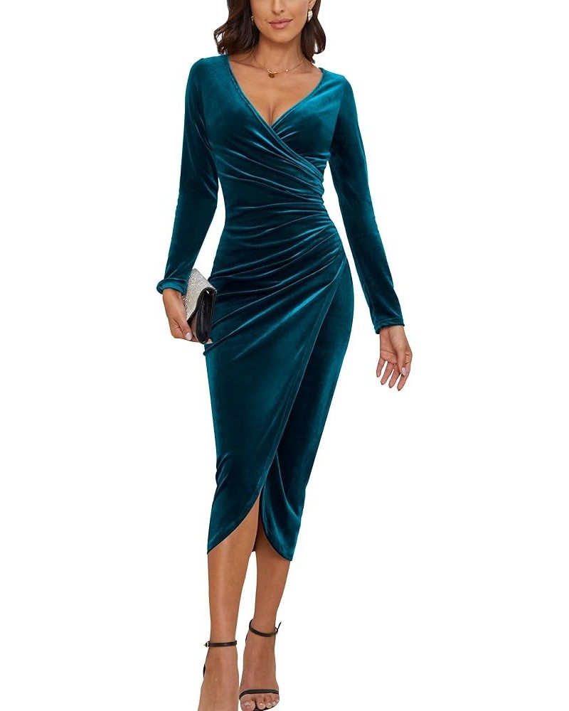 Women's V Neck Wrap Velvet Long Sleeve Elegant Bodycon Ruched Cocktail Party Maxi Dress Peacock Blue $45.09 Dresses