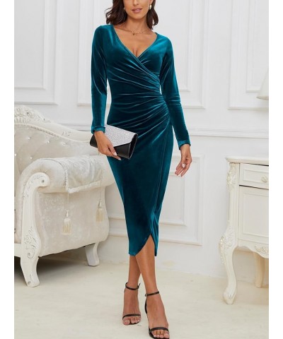 Women's V Neck Wrap Velvet Long Sleeve Elegant Bodycon Ruched Cocktail Party Maxi Dress Peacock Blue $45.09 Dresses