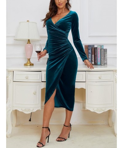 Women's V Neck Wrap Velvet Long Sleeve Elegant Bodycon Ruched Cocktail Party Maxi Dress Peacock Blue $45.09 Dresses