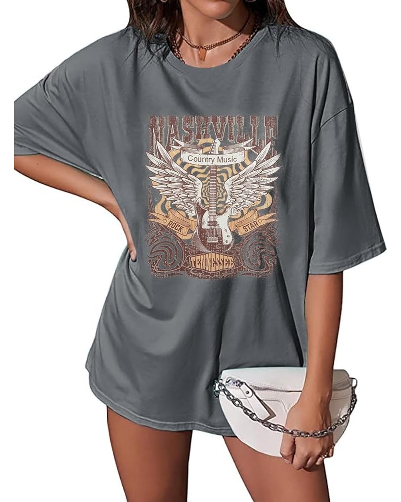 Women's Oversized Country Music Shirts Nashville Concert Outfit Casual Rock Band Tshirt Vintage Graphic Tees Tops V-Black Gra...