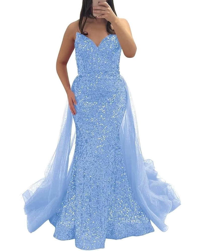 Sparkly Sequin Prom Dresses with Train Detachable Strapless Evening Gowns for Woman Mermaid Homecoming Dresses Long Blue $41....