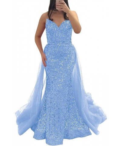 Sparkly Sequin Prom Dresses with Train Detachable Strapless Evening Gowns for Woman Mermaid Homecoming Dresses Long Blue $41....