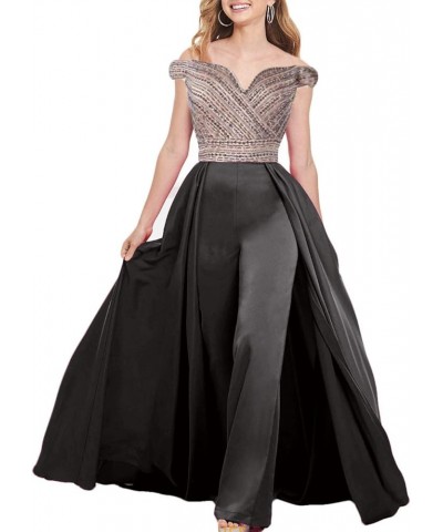 Beaded Evening Dresses Porm Jumpsuit Off The Shoulder Formal Pants Suit with Detachable Train Black $60.06 Dresses