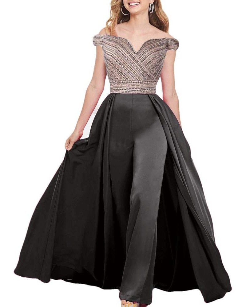 Beaded Evening Dresses Porm Jumpsuit Off The Shoulder Formal Pants Suit with Detachable Train Black $60.06 Dresses