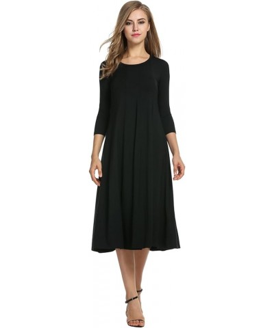 Women's 3/4 Sleeve A-line and Flare Midi Long Dress Black $19.68 Others