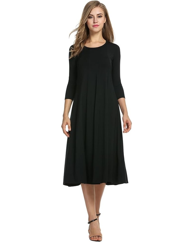 Women's 3/4 Sleeve A-line and Flare Midi Long Dress Black $19.68 Others