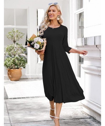 Women's 3/4 Sleeve A-line and Flare Midi Long Dress Black $19.68 Others