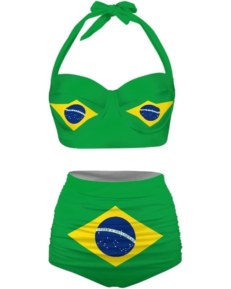 Women Bikini Set High Waisted Tummy Control Halter Top Swimsuit Two Piece with Bottoms Bathing Suit Brazil Flag $14.70 Swimsuits