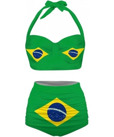 Women Bikini Set High Waisted Tummy Control Halter Top Swimsuit Two Piece with Bottoms Bathing Suit Brazil Flag $14.70 Swimsuits