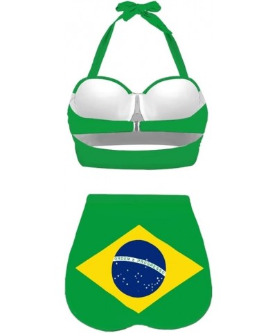 Women Bikini Set High Waisted Tummy Control Halter Top Swimsuit Two Piece with Bottoms Bathing Suit Brazil Flag $14.70 Swimsuits